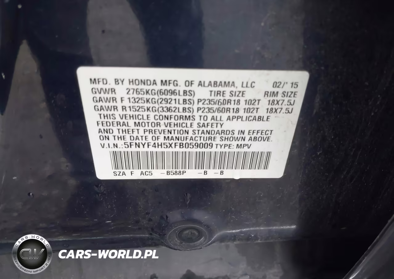 2015 Honda Pilot Ex-L VIN:5FNYF4H5XFB059009 - 9