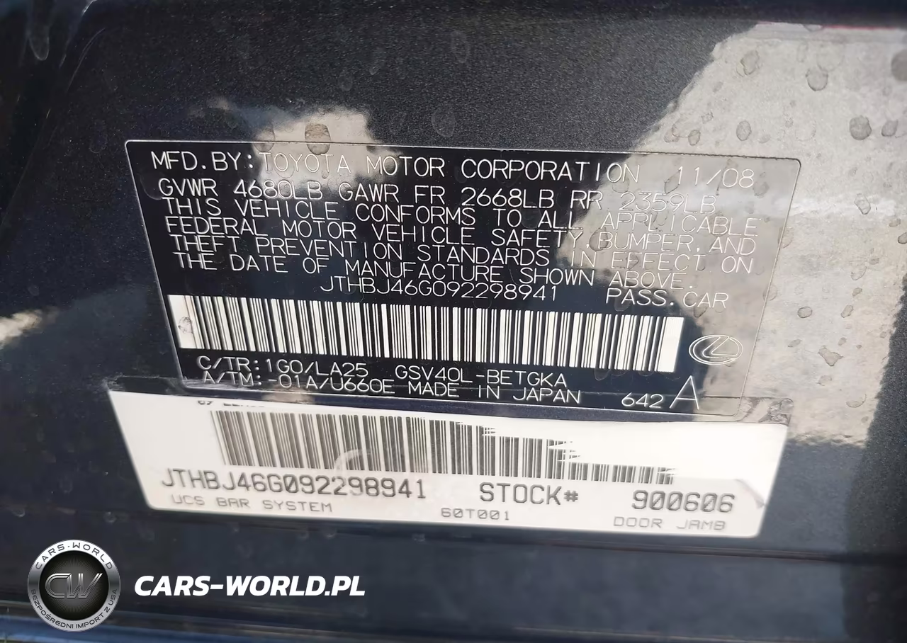 2009 Lexus Es 350 VIN:JTHBJ46G092298941 - 9
