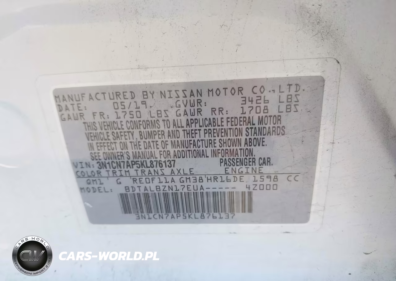 2019 Nissan Versa 1.6 Sv VIN:3N1CN7AP5KL876137 - 9