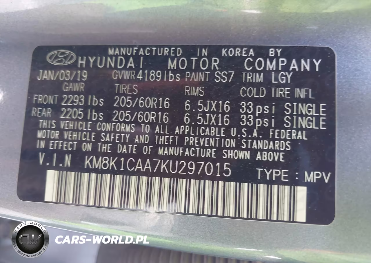 2019 Hyundai Kona Se VIN:KM8K1CAA7KU297015 - 9