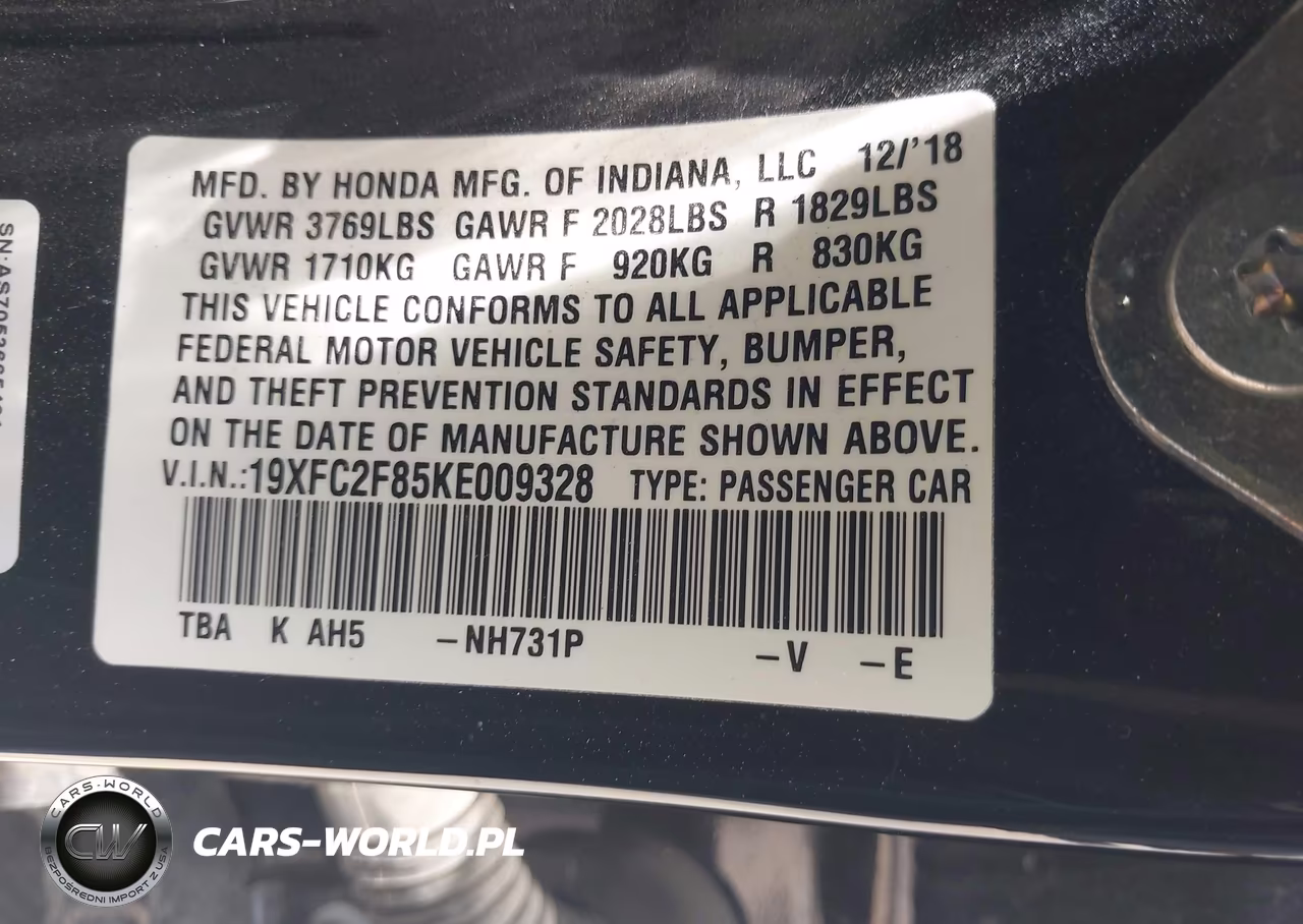 2019 Honda Civic Sport VIN:19XFC2F85KE009328 - 9