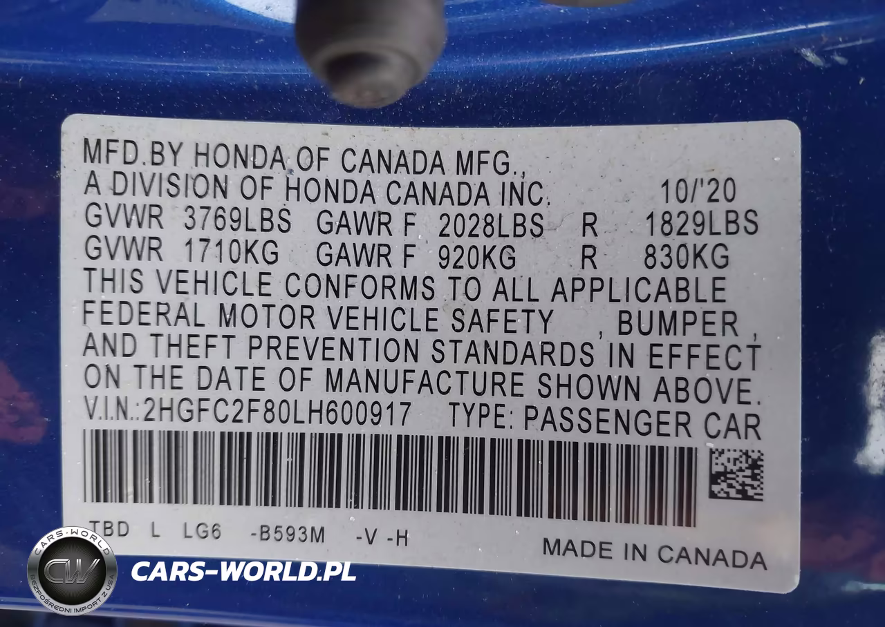 2020 Honda Civic Sport VIN:2HGFC2F80LH600917 - 9