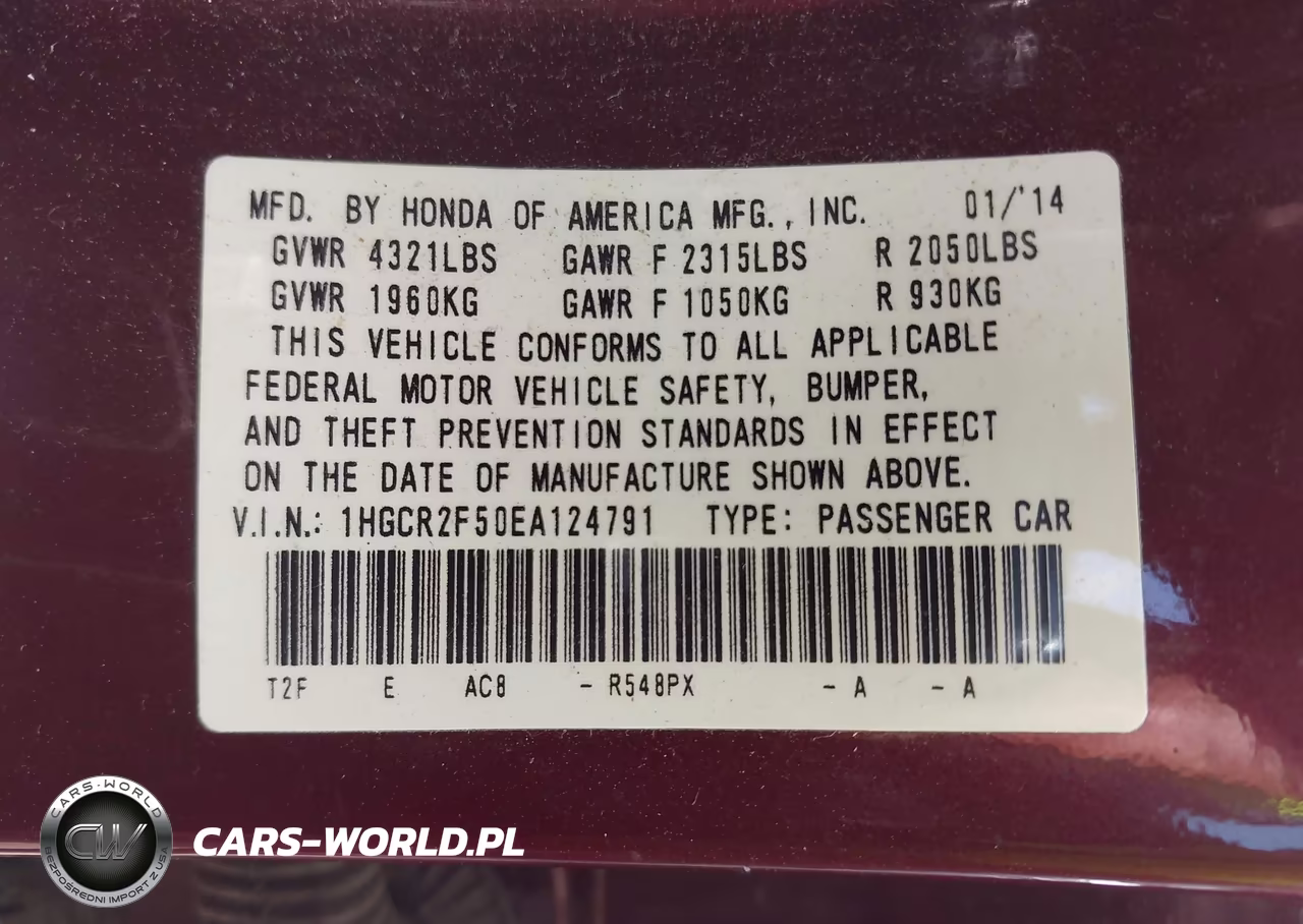 2014 Honda Accord Sport VIN:1HGCR2F50EA124791 - 9