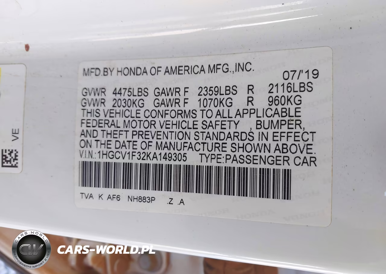2019 Honda Accord Sport VIN:1HGCV1F32KA149305 - 9