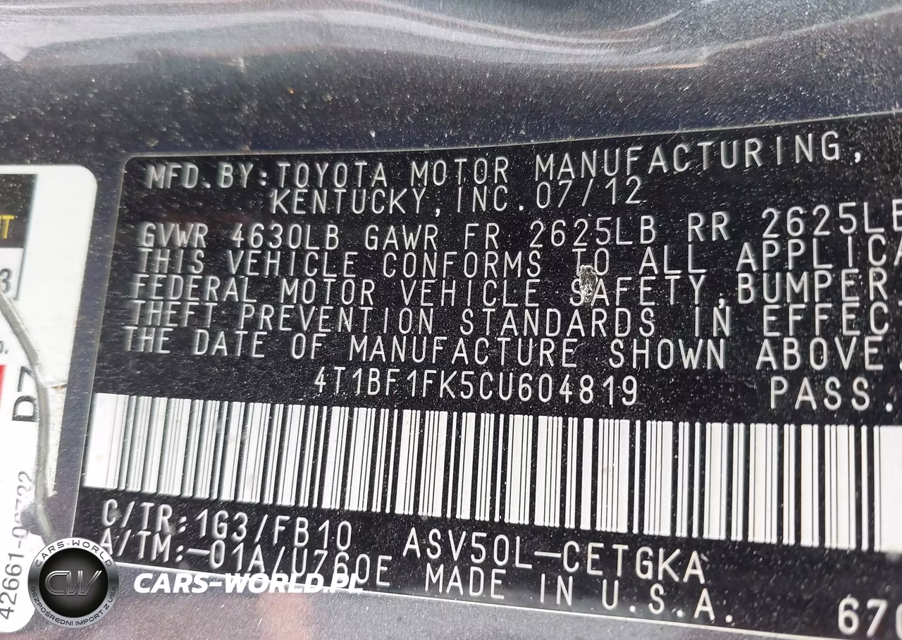 2012 Toyota Camry Xle VIN:4T1BF1FK5CU604819 - 9