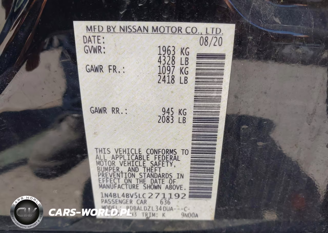 2020 Nissan Altima S Fwd VIN:1N4BL4BV5LC271192 - 9