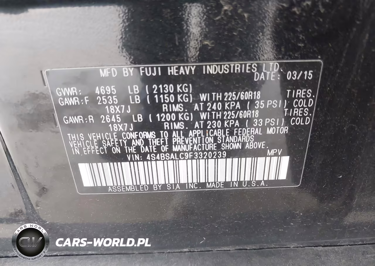 2015 Subaru Outback 2.5I Limited VIN:4S4BSALC9F3320239 - 9