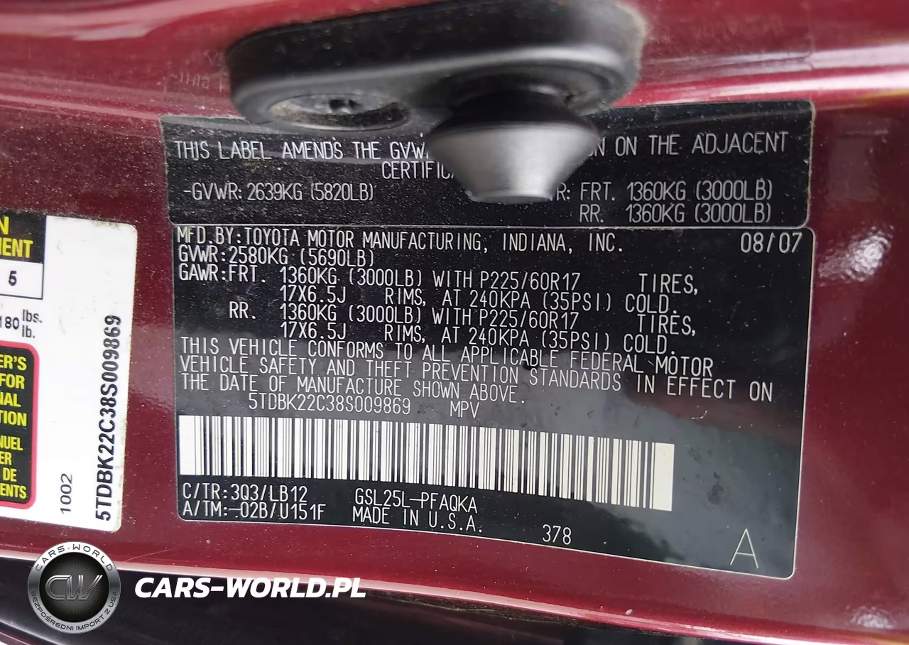 2008 Toyota Sienna Limited VIN:5TDBK22C38S009869 - 9