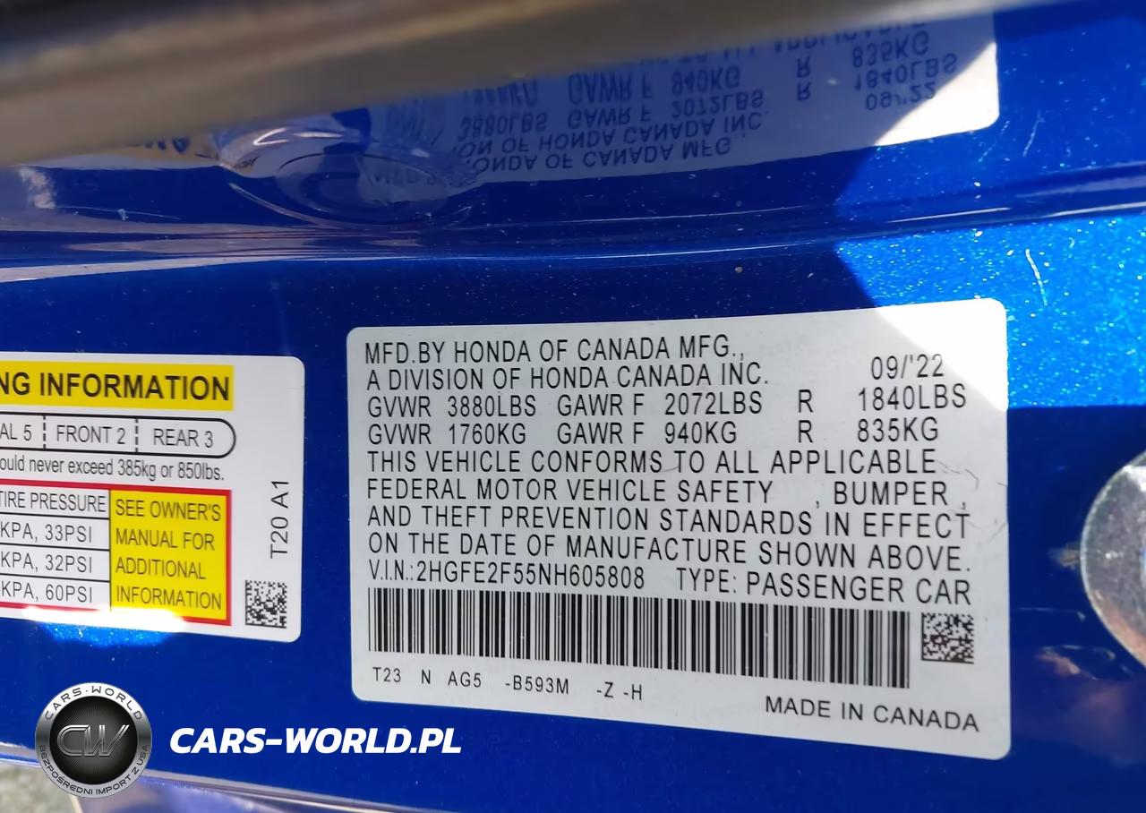 2022 Honda Civic Sport VIN:2HGFE2F55NH605808 - 9