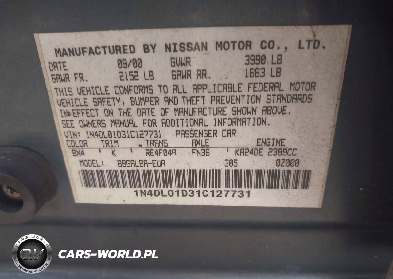 2001 Nissan Altima Gxe VIN:1N4DL01D31C127731 - 9