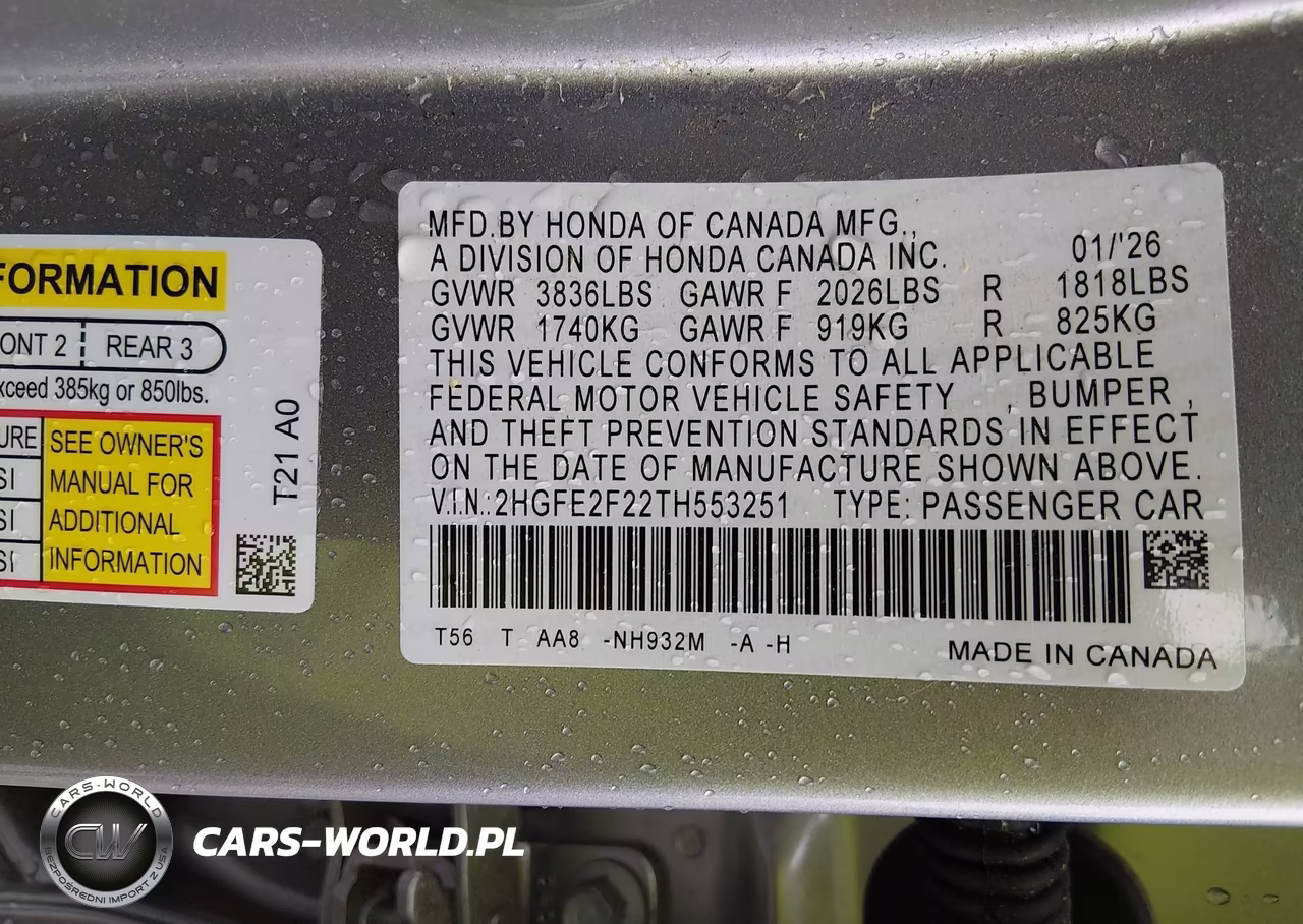 2026 Honda Civic Lx VIN:2HGFE2F22TH553251 - 9