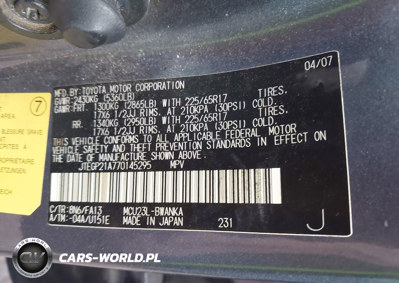 2007 Toyota Highlander Sport VIN:JTEGP21A770145295 - 9