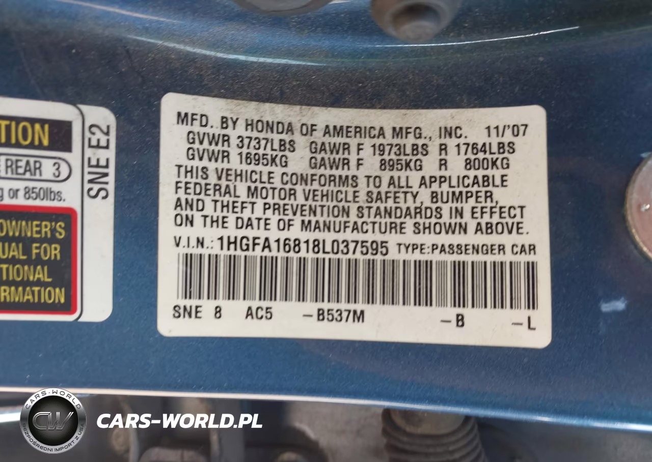 2008 Honda Civic Ex VIN:1HGFA16818L037595 - 9