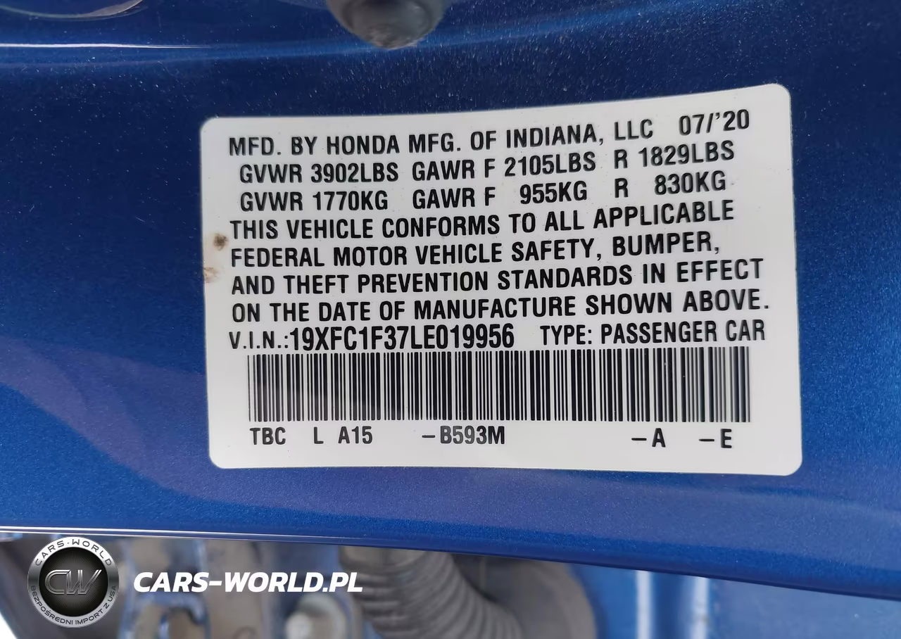 2020 Honda Civic Ex VIN:19XFC1F37LE019956 - 9