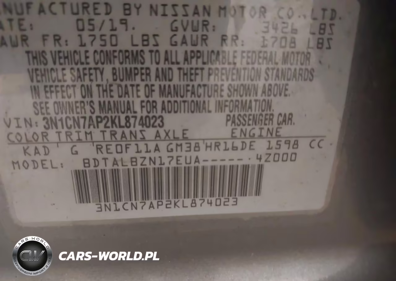 2019 Nissan Versa 1.6 Sv VIN:3N1CN7AP2KL874023 - 9