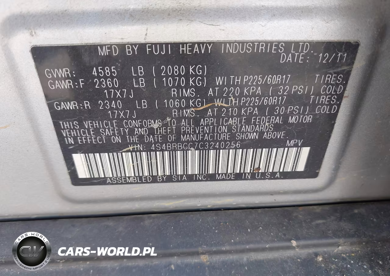 2012 Subaru Outback 2.5I Premium VIN:4S4BRBCC7C3240256 - 9