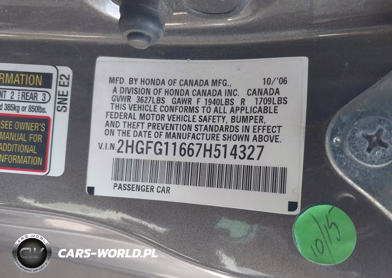2007 Honda Civic Lx VIN:2HGFG11667H514327 - 9
