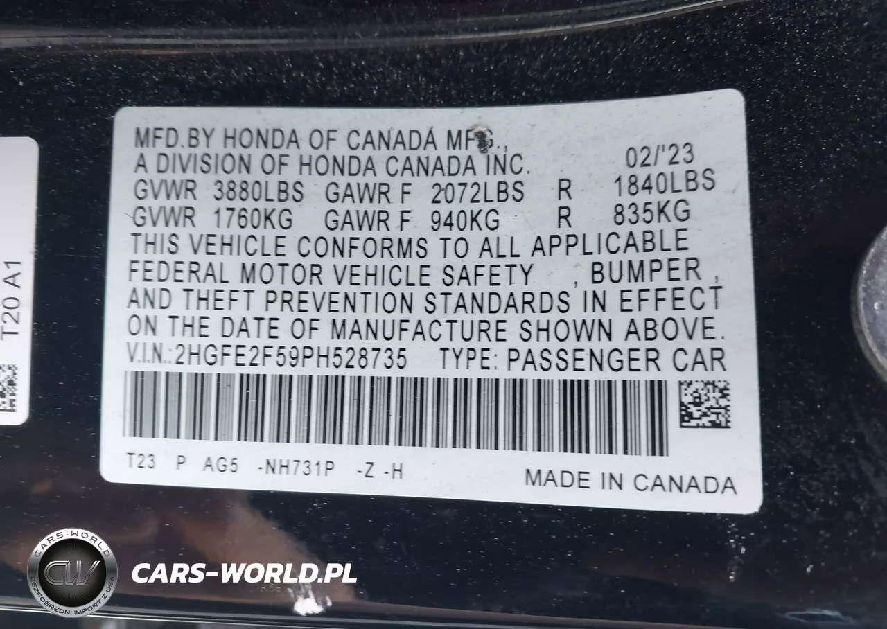 2023 Honda Civic Sport VIN:2HGFE2F59PH528735 - 9