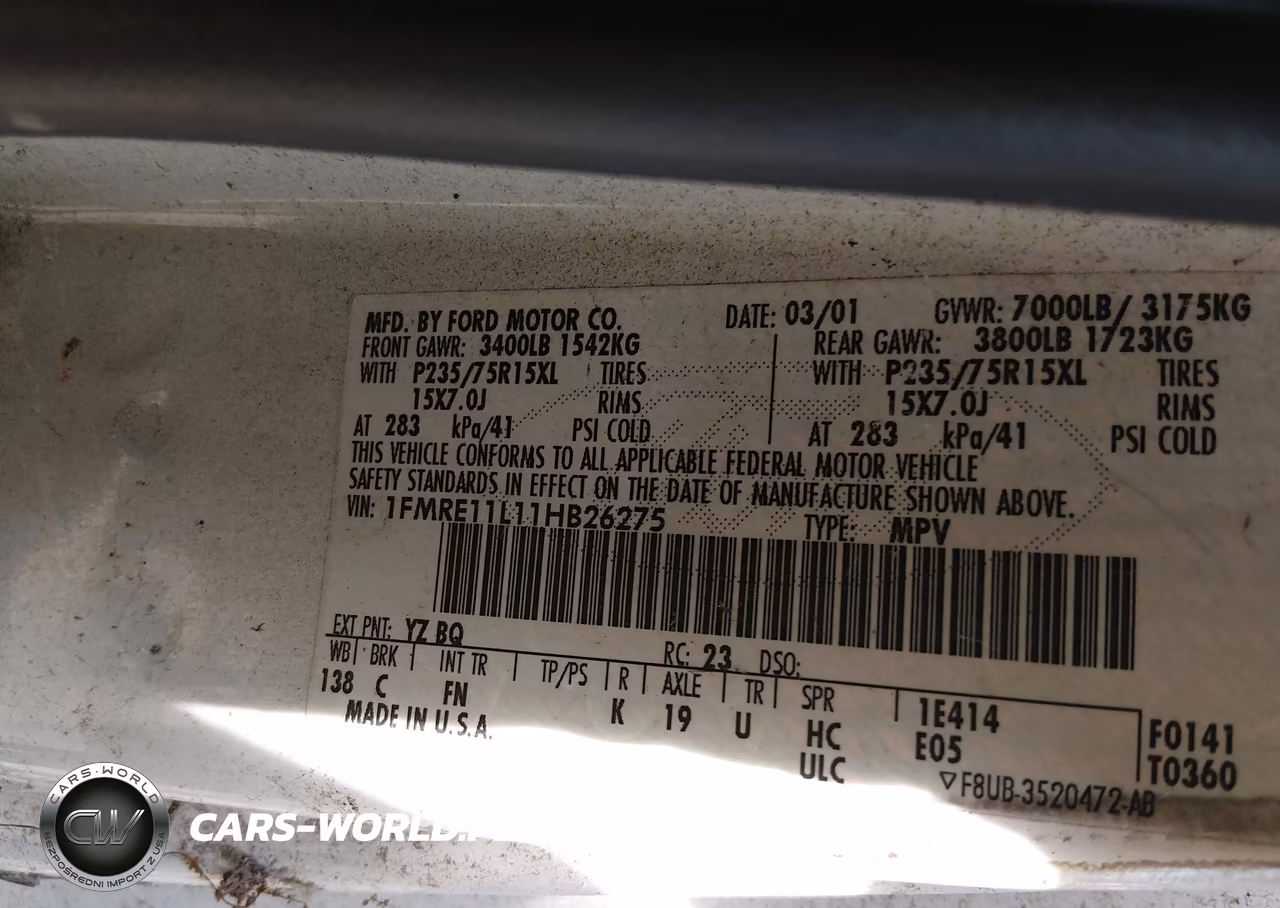 2001 Ford E-150 Xl-Xlt VIN:1FMRE11L11HB26275 - 9