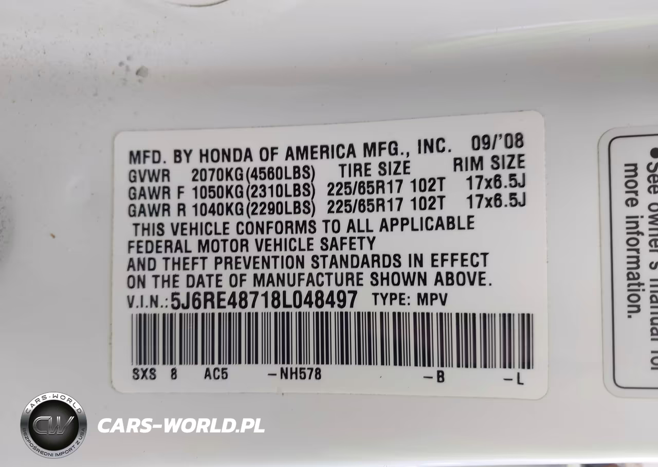 2008 Honda Cr-V Exl VIN:5J6RE48718L048497 - 9