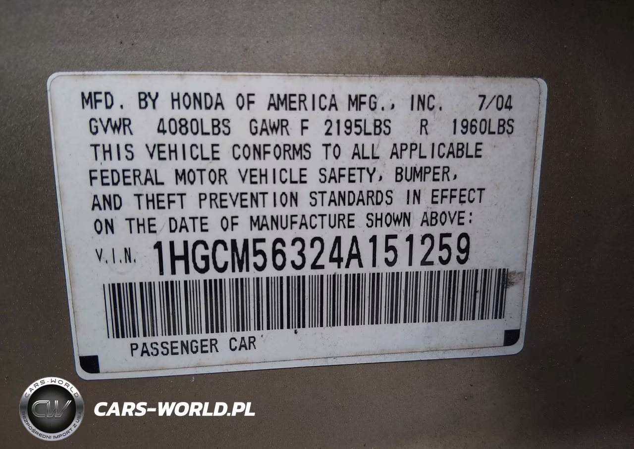 2004 Honda Accord 2.4 Lx VIN:1HGCM56324A151259 - 9