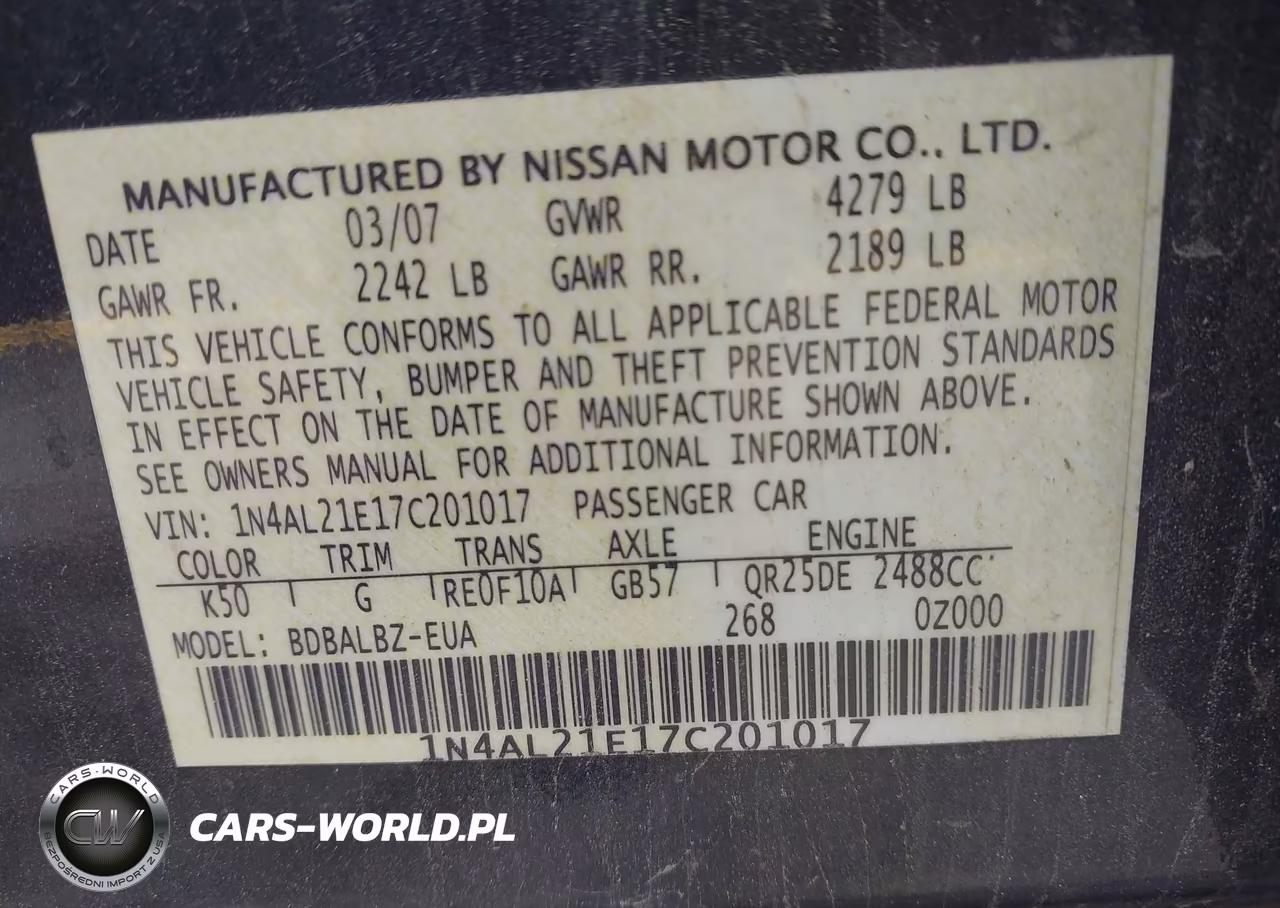 2007 Nissan Altima 2.5 S VIN:1N4AL21E17C201017 - 9