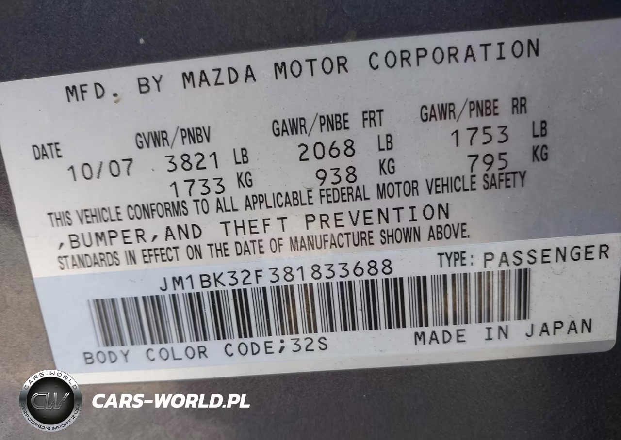 2008 Mazda Mazda3 I VIN:JM1BK32F381833688 - 9