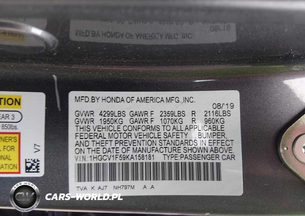 2019 Honda Accord Ex-L VIN:1HGCV1F59KA158181 - 9