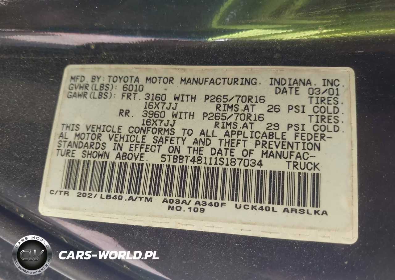 2001 Toyota Tundra Ltd V8 VIN:5TBBT48111S187034 - 9