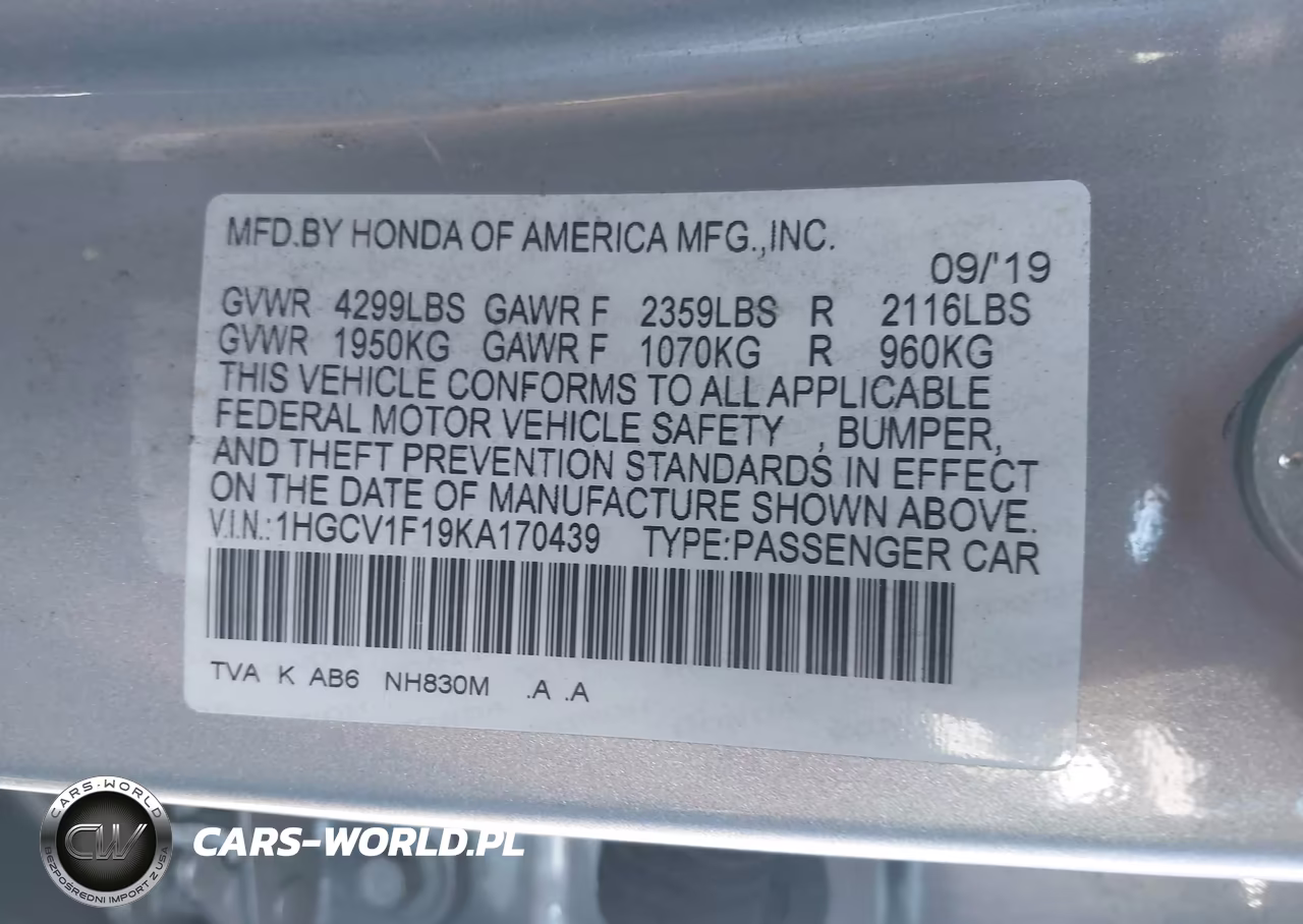 2019 Honda Accord Lx VIN:1HGCV1F19KA170439 - 9
