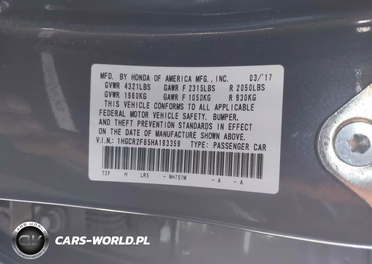 2017 Honda Accord Ex-L VIN:1HGCR2F85HA193359 - 9