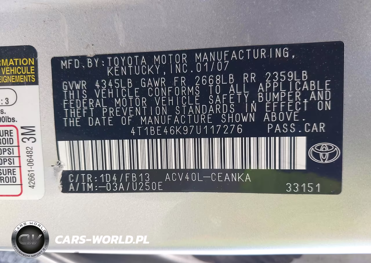 2007 Toyota Camry Le VIN:4T1BE46K97U117276 - 9