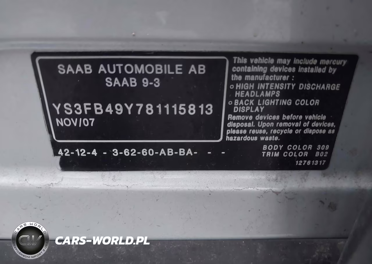 2008 Saab 9-3 2.0T VIN:YS3FB49Y781115813 - 9