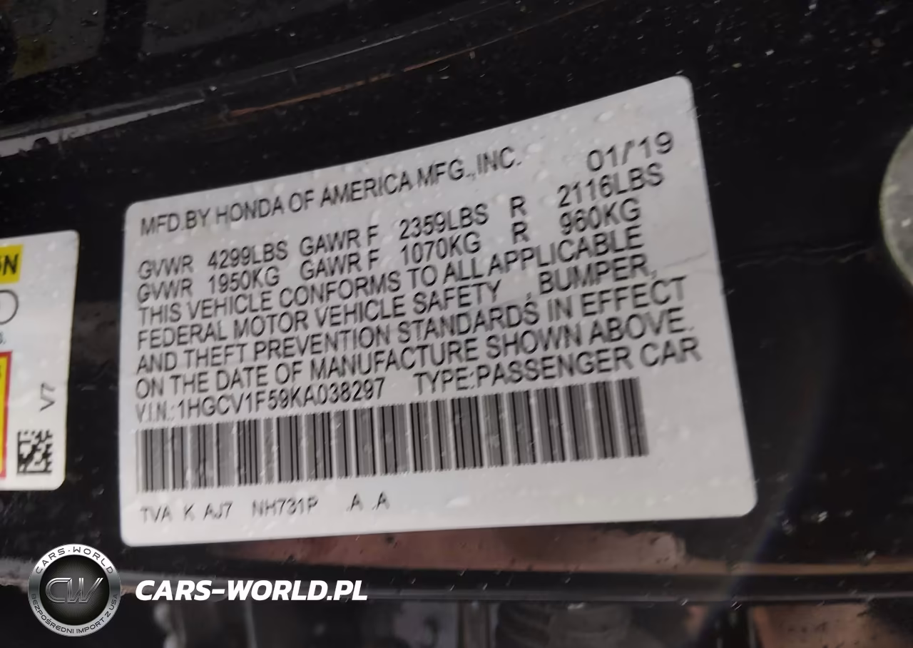 2019 Honda Accord Ex-L VIN:1HGCV1F59KA038297 - 9