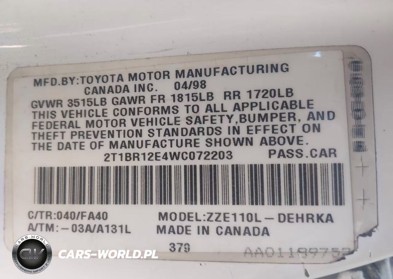 1998 Toyota Corolla Ve VIN:2T1BR12E4WC072203 - 9