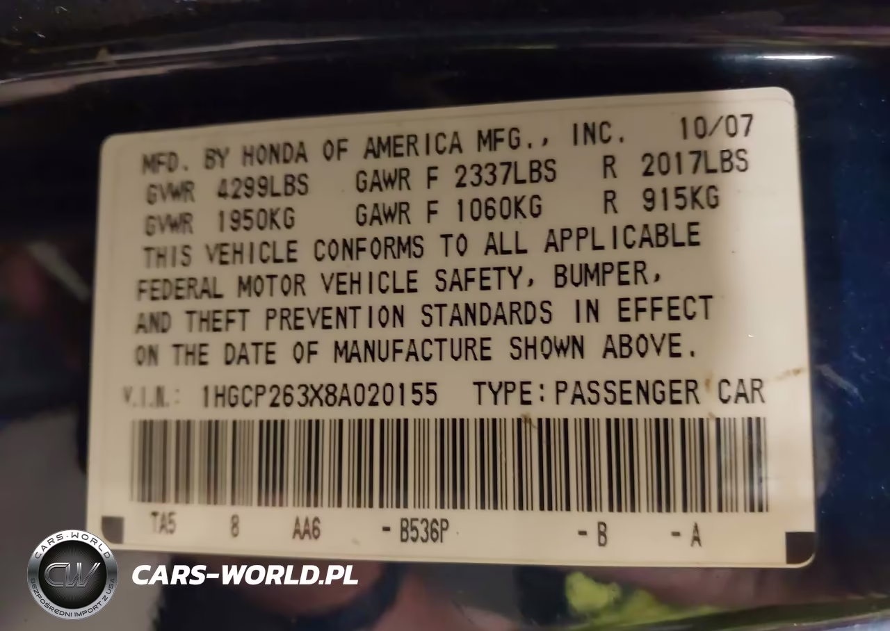 2008 Honda Accord 2.4 Lx VIN:1HGCP263X8A020155 - 9