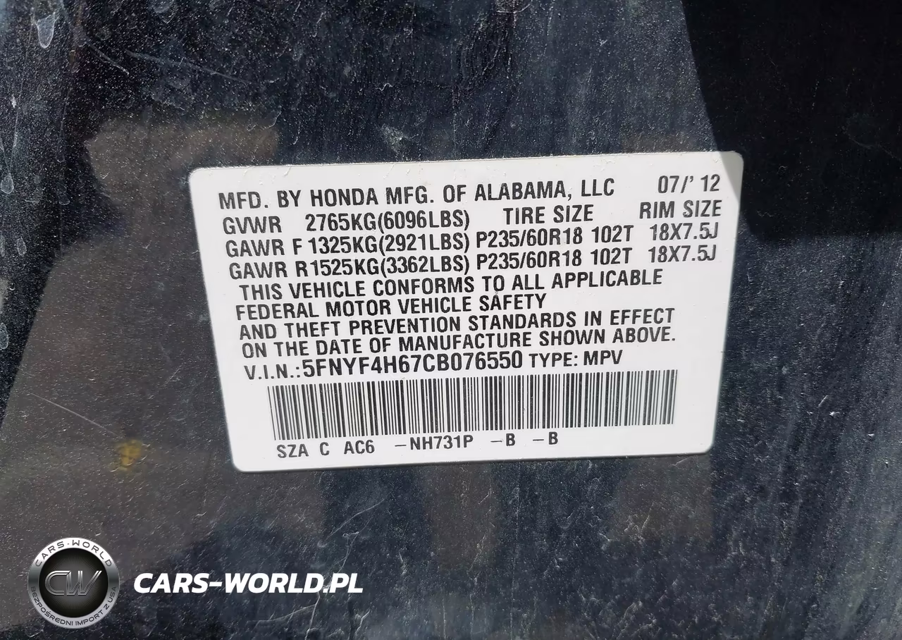 2012 Honda Pilot Ex-L VIN:5FNYF4H67CB076550 - 9