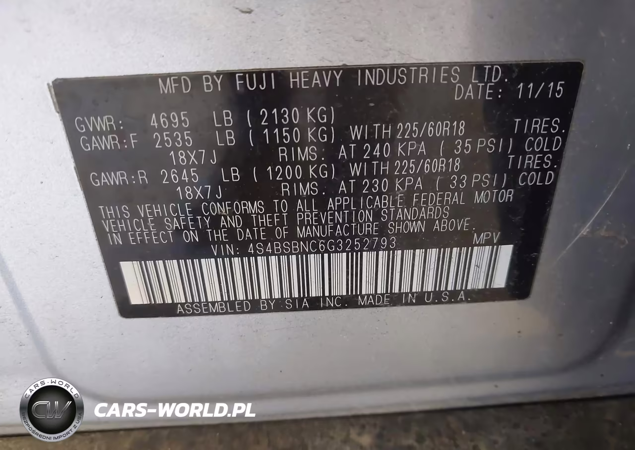 2016 Subaru Outback 2.5I Limited VIN:4S4BSBNC6G3252793 - 9