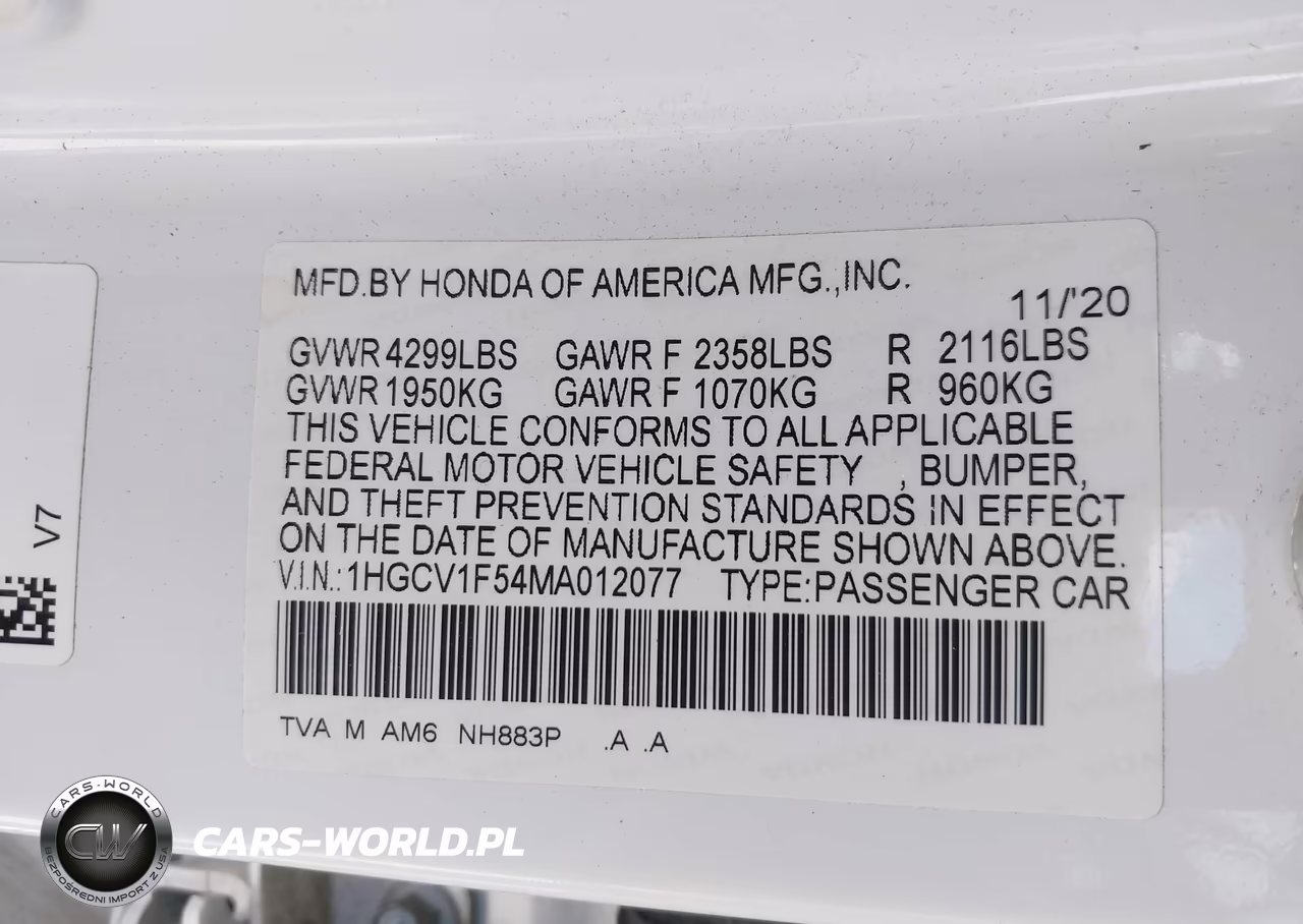 2021 Honda Accord Ex-L VIN:1HGCV1F54MA012077 - 9