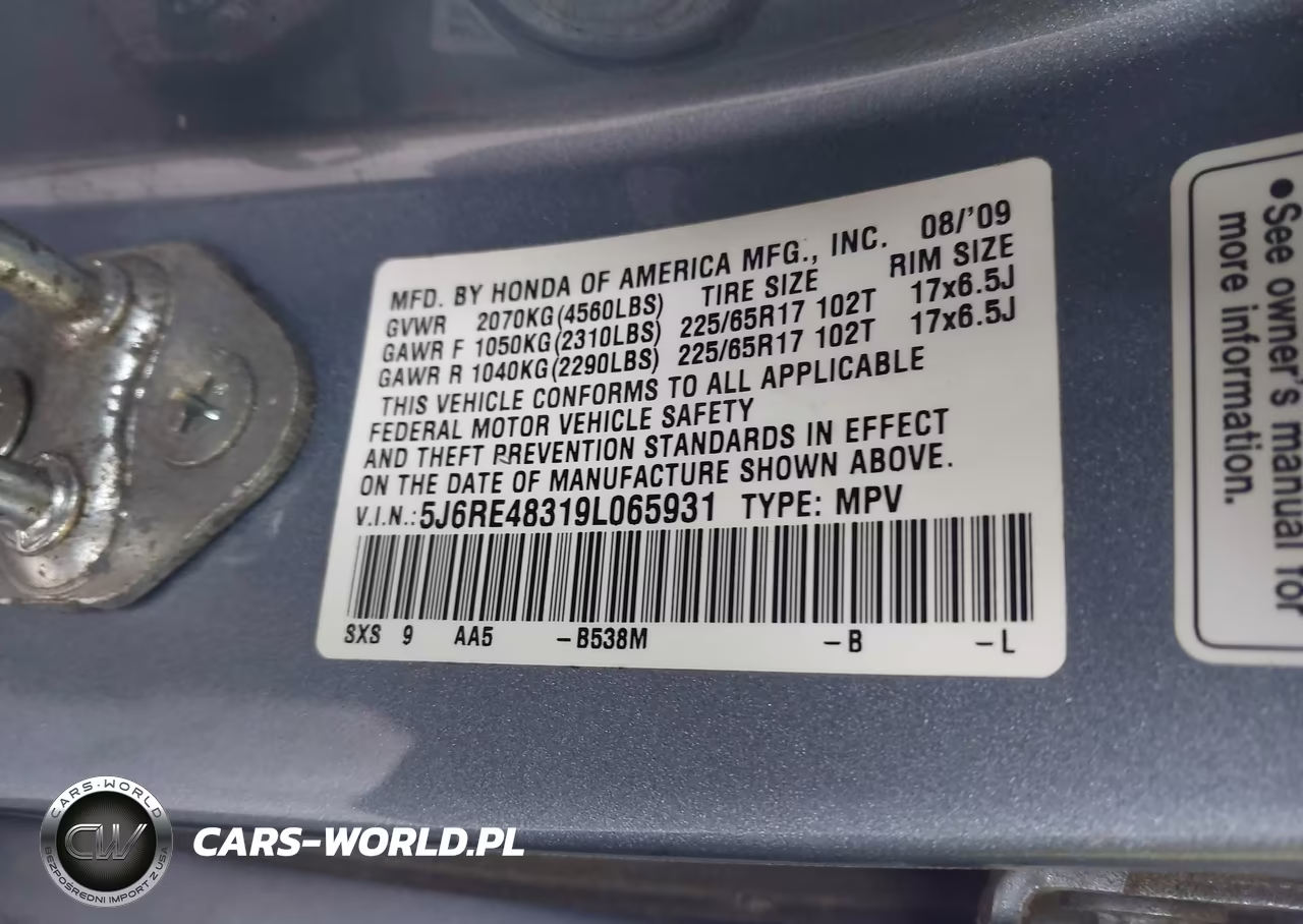 2009 Honda Cr-V Lx VIN:5J6RE48319L065931 - 9