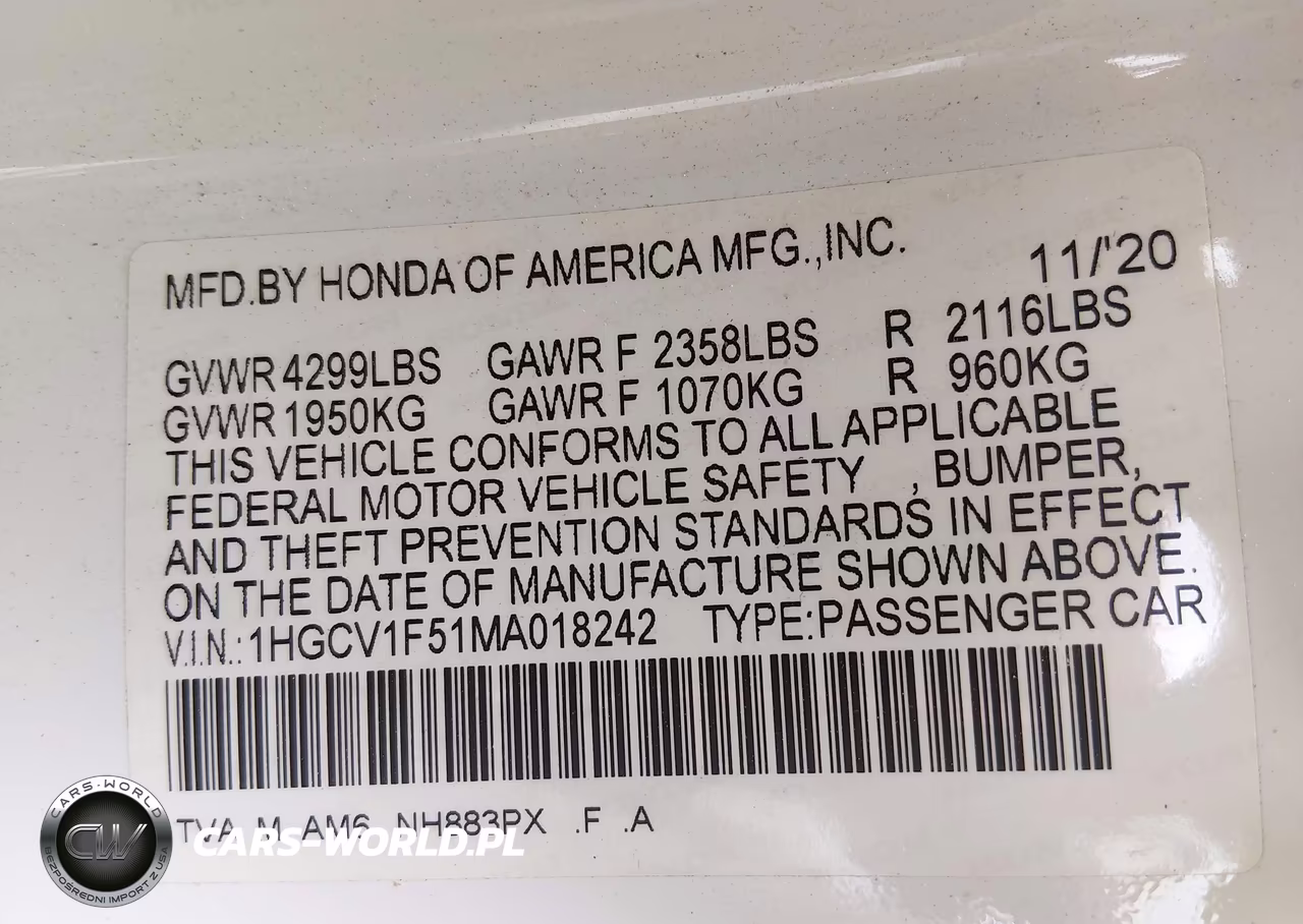 2021 Honda Accord Ex-L VIN:1HGCV1F51MA018242 - 9