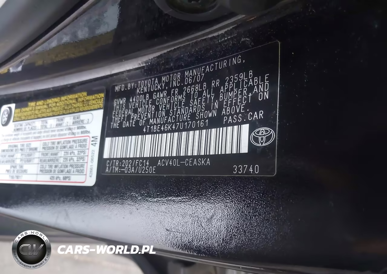 2007 Toyota Camry Se VIN:4T1BE46K47U170161 - 9
