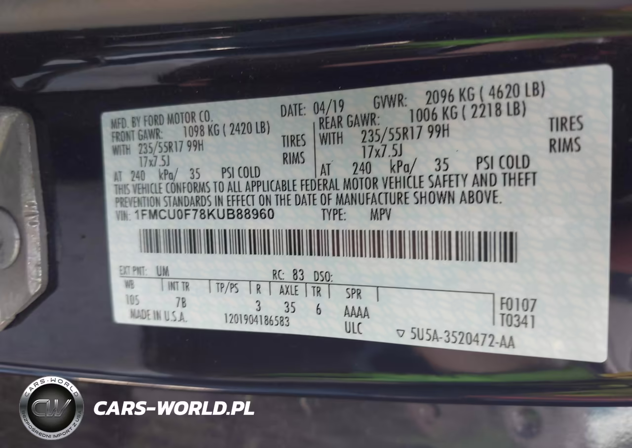 2019 Ford Escape S VIN:1FMCU0F78KUB88960 - 9