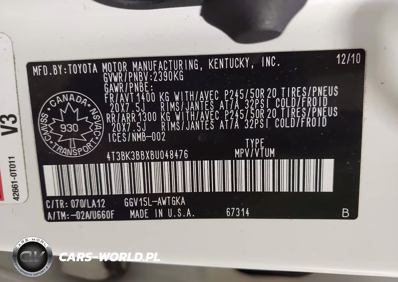 2011 Toyota Venza Base V6 VIN:4T3BK3BBXBU048476 - 9