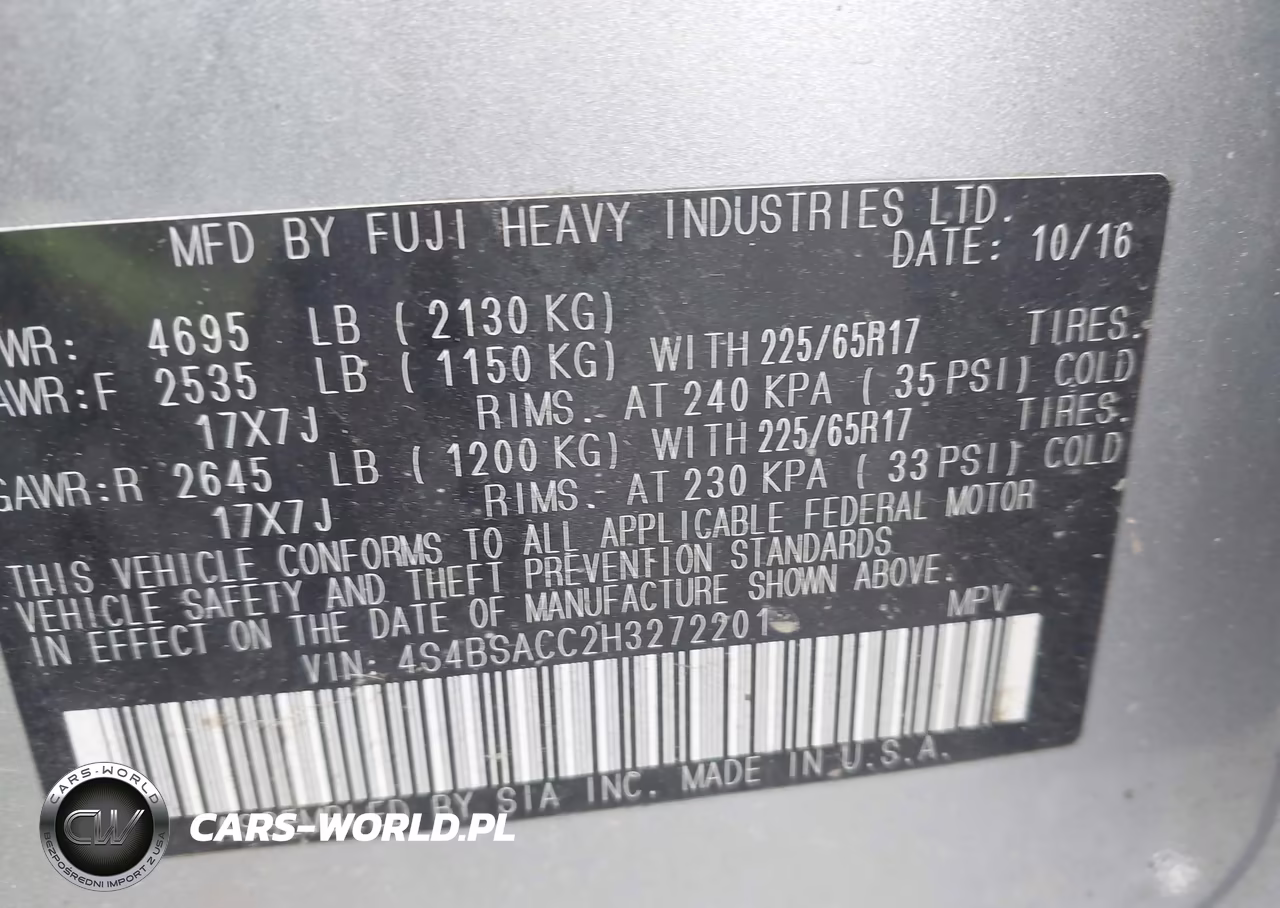2017 Subaru Outback 2.5I Premium VIN:4S4BSACC2H3272201 - 9