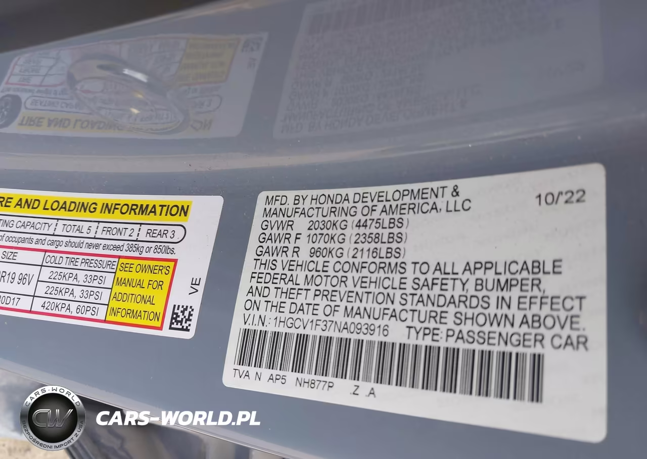 2022 Honda Accord Sport VIN:1HGCV1F37NA093916 - 9