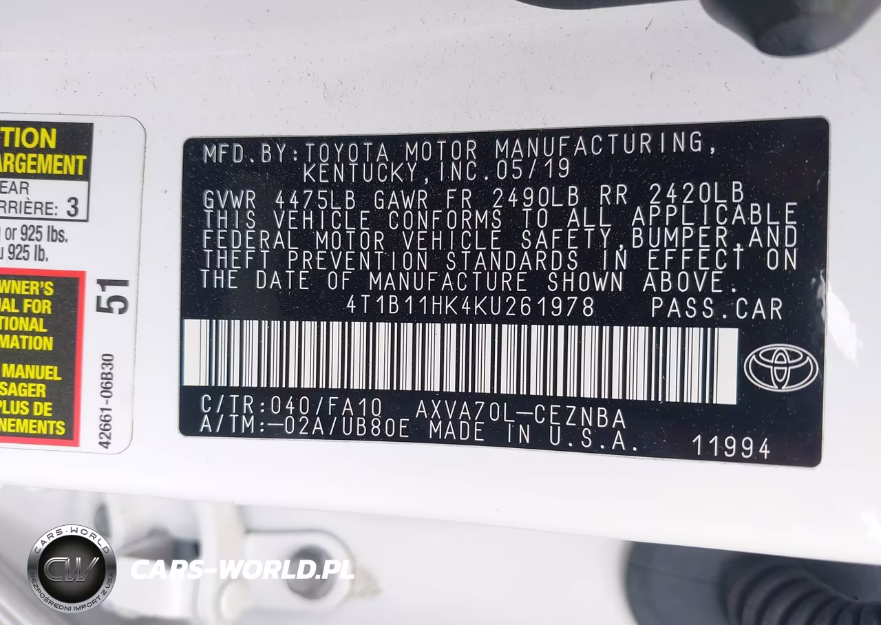 2019 Toyota Camry Le VIN:4T1B11HK4KU261978 - 9