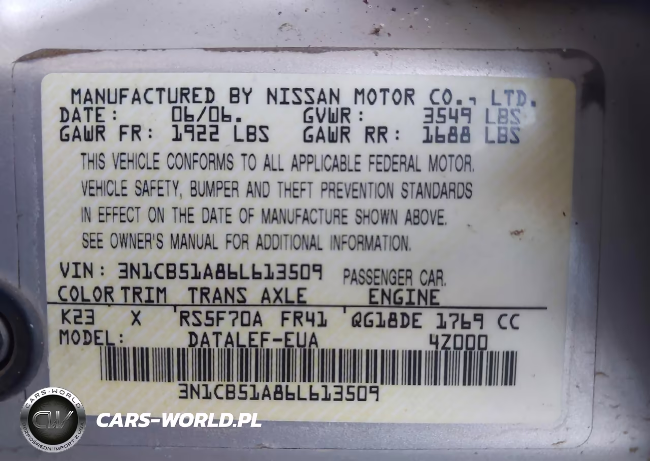 2006 Nissan Sentra 1.8S VIN:3N1CB51A86L613509 - 9