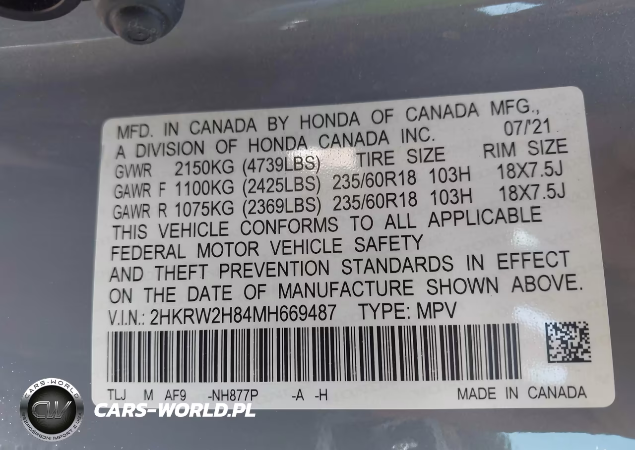 2021 Honda Cr-V Awd Ex-L VIN:2HKRW2H84MH669487 - 9