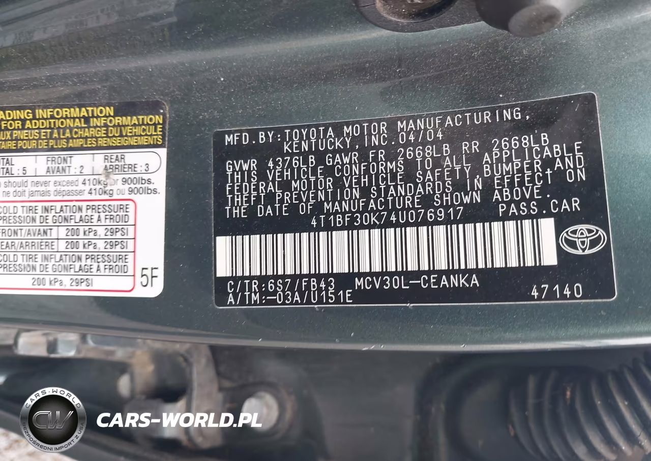 2004 Toyota Camry Le V6 VIN:4T1BF30K74U076917 - 9